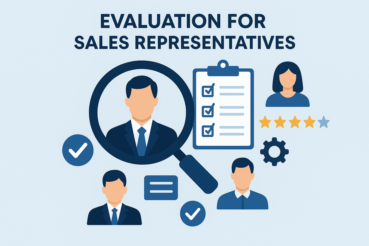 1024x1024 square format illustration showing the evaluation process for sales representatives. Include visual elements like magnifying glass